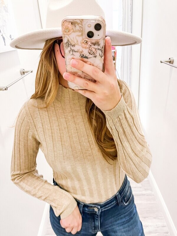 Metallic Ribbed Sweater Top - Sand Cream