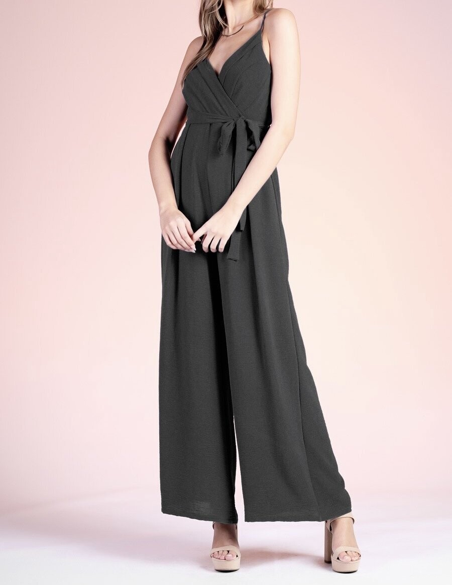 Pleated Detail Tie Waist Jumpsuit - Black