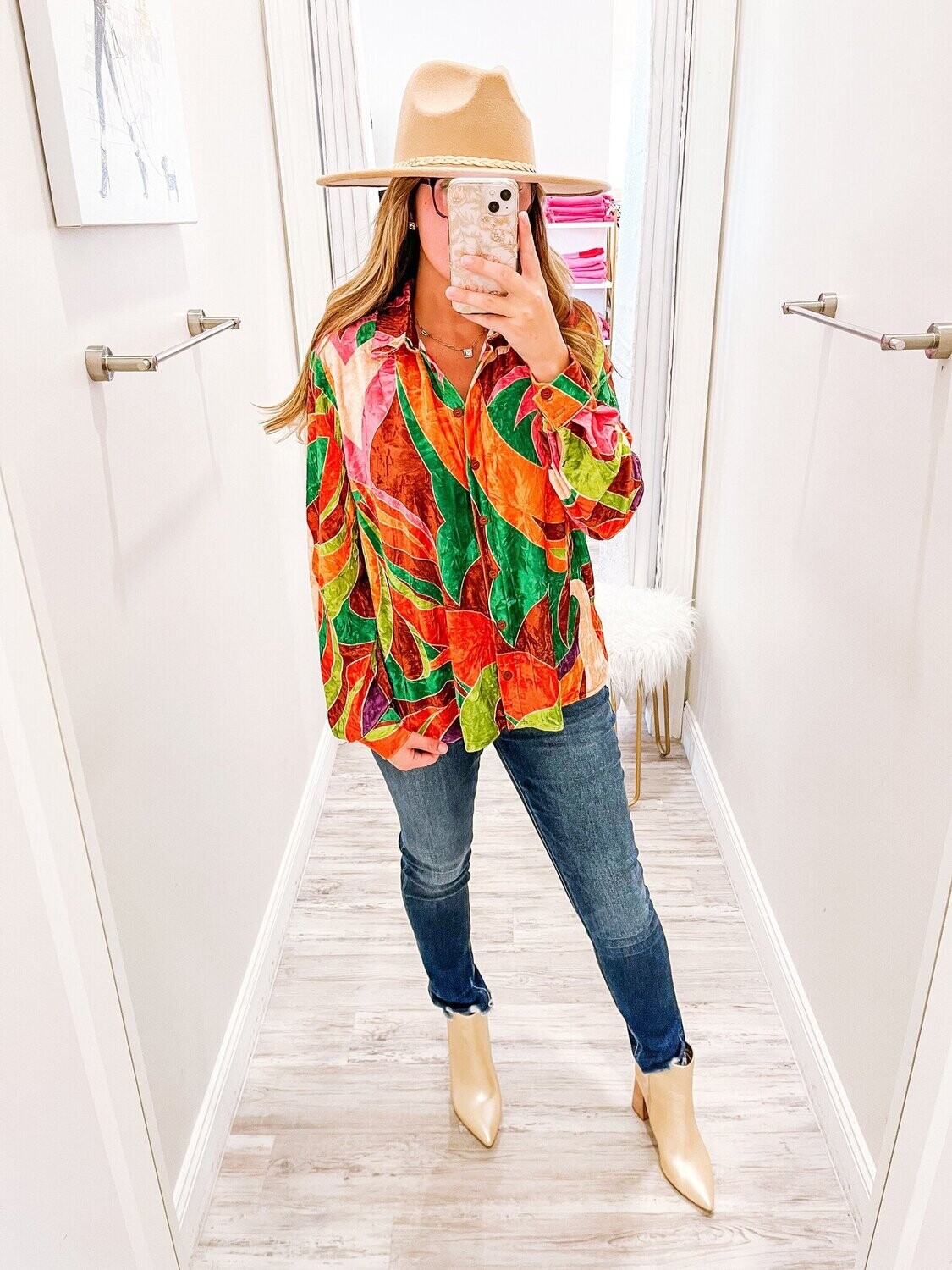 Velvet Abstract Button Down Top - Green