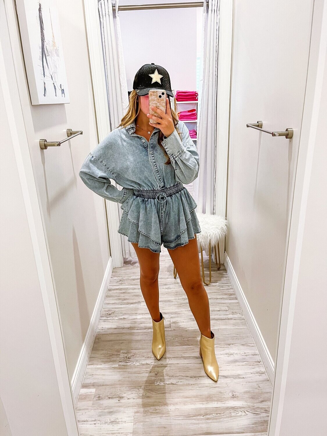 Ruffled Denim Romper - Washed Blue
