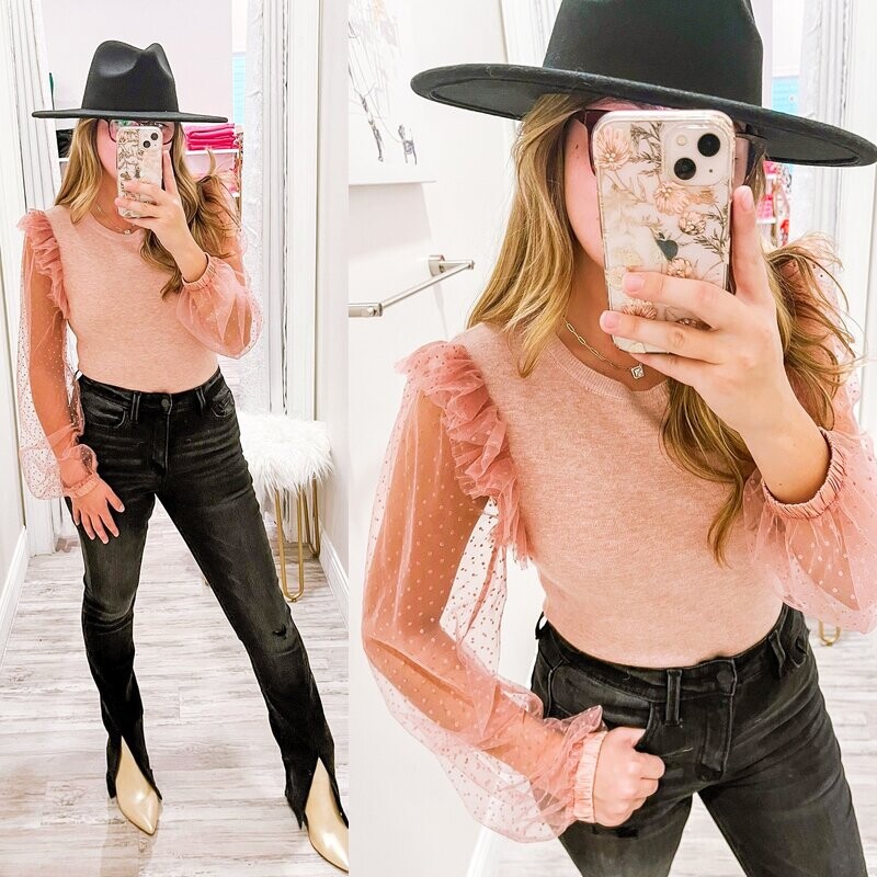 Sheer Polka Dot Sleeves Sweater - Mauve