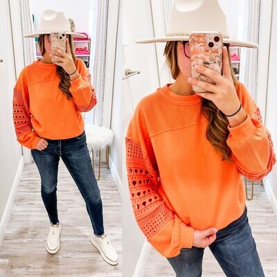 Crochet Sleeves Sweatshirt - Orange