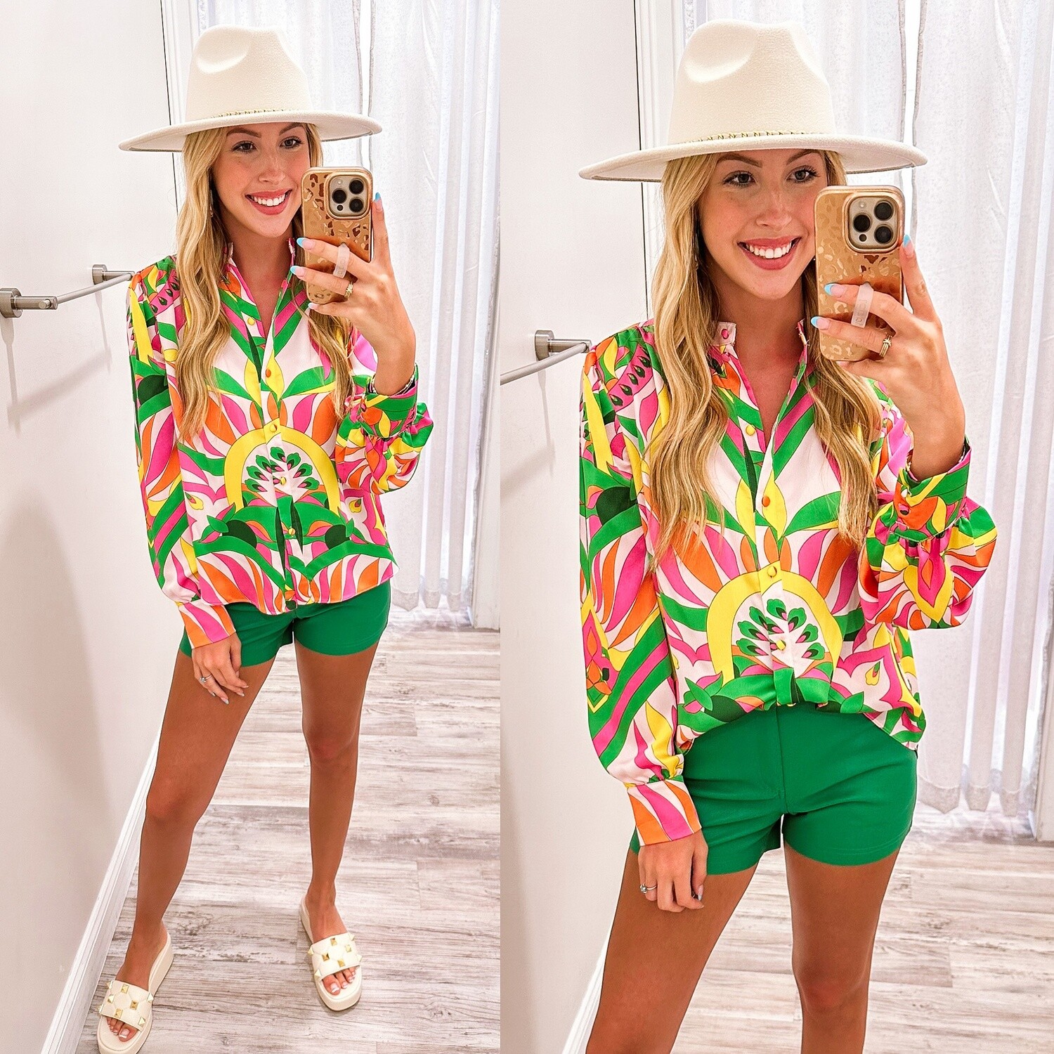 Abstract Button Down Shirt - Yellow/Pink