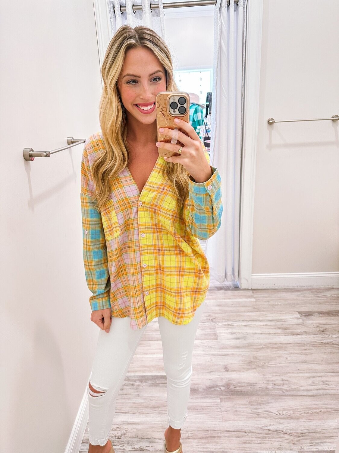 Mixed Plaid Shirt - Yellow/Blue