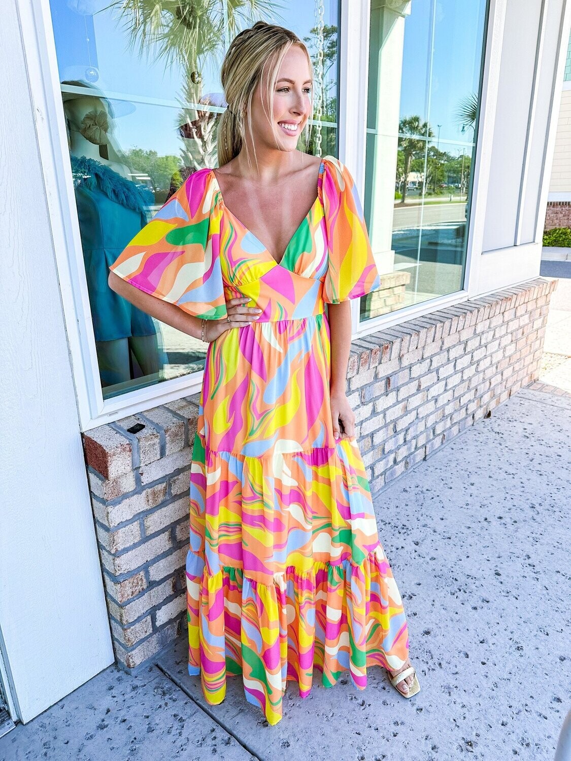 Abstract Flutter Sleeves Maxi Dress -Orange