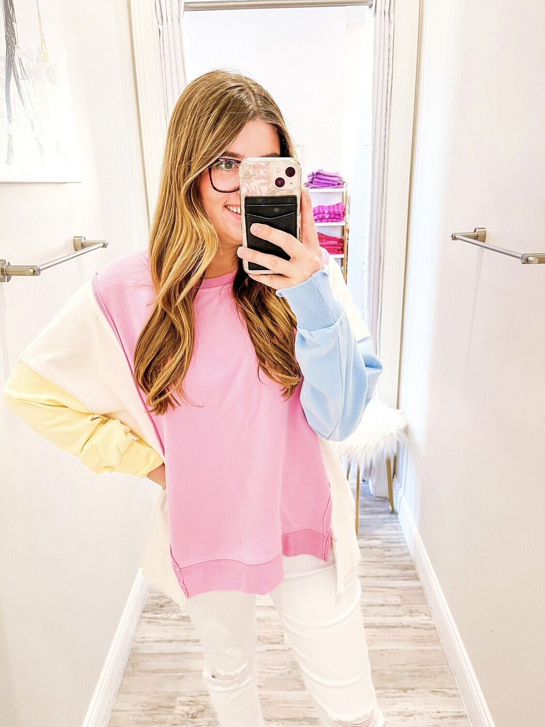 Side Slit Color Block Sweatshirt - Pink/Blue