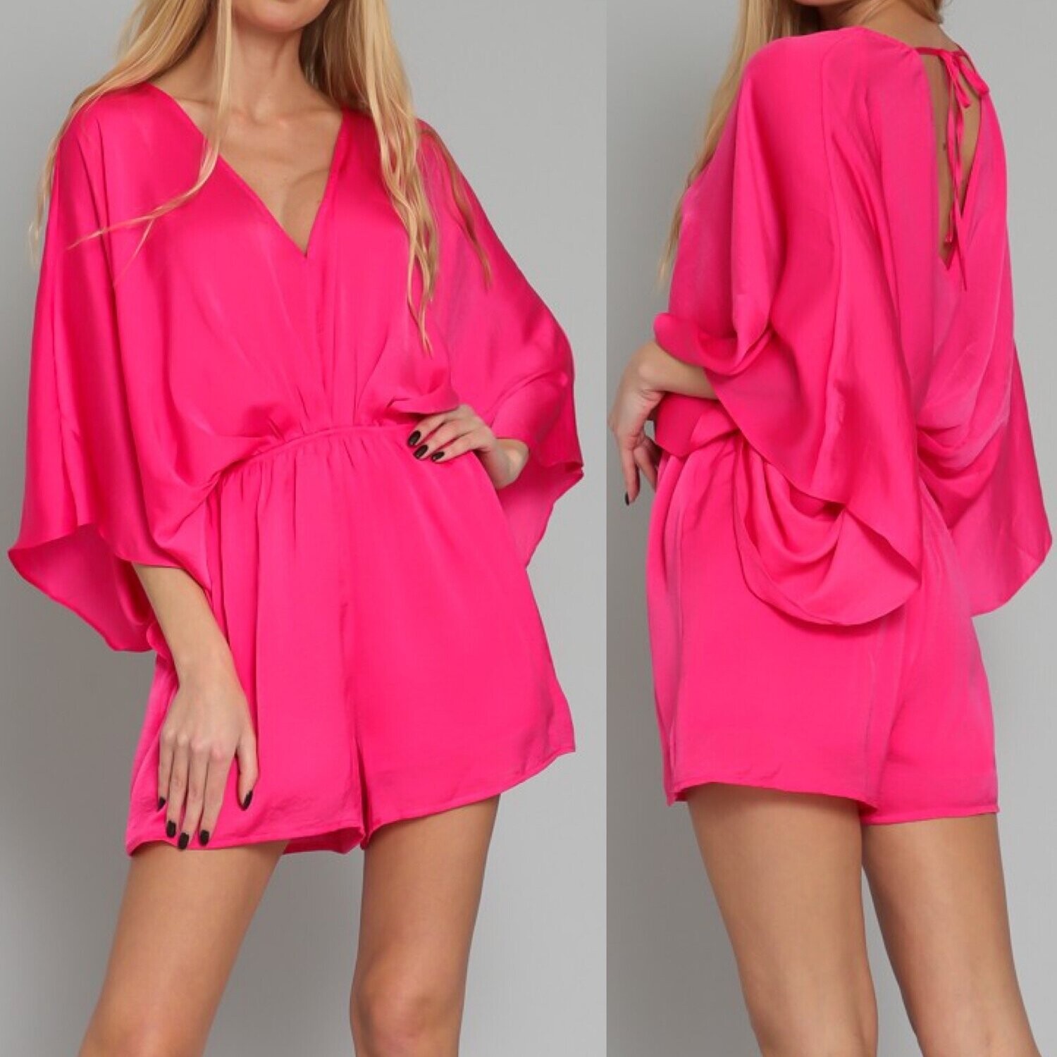 Satin Kimono Romper - Fuchsia