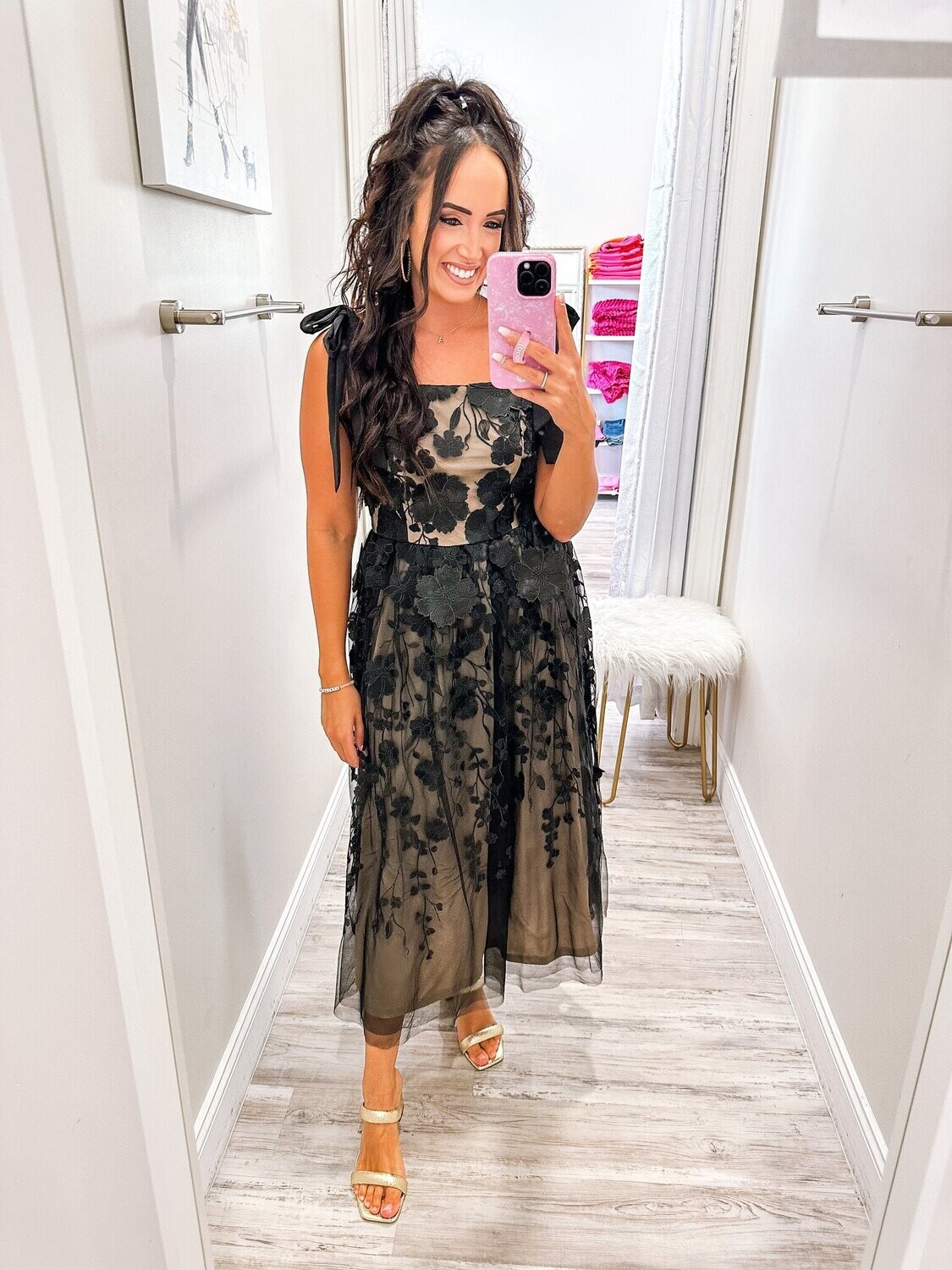 Floral Applique Tie Shoulders Midi Dress - Black