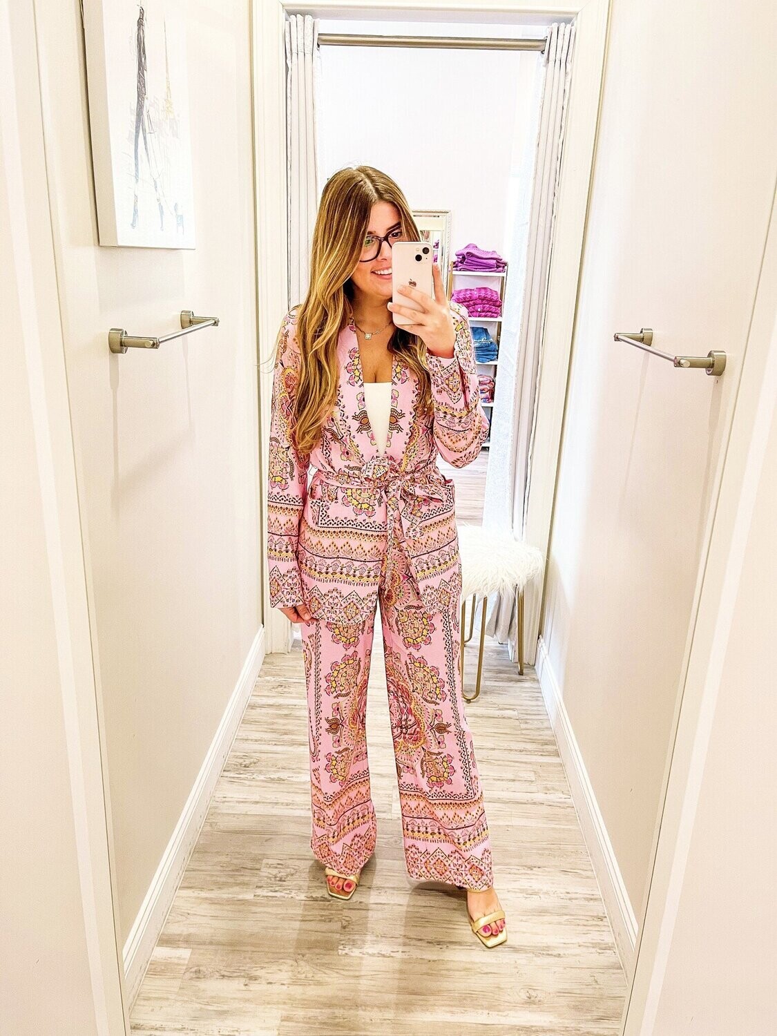 Border Print High Waist Linen Pants - Lilac