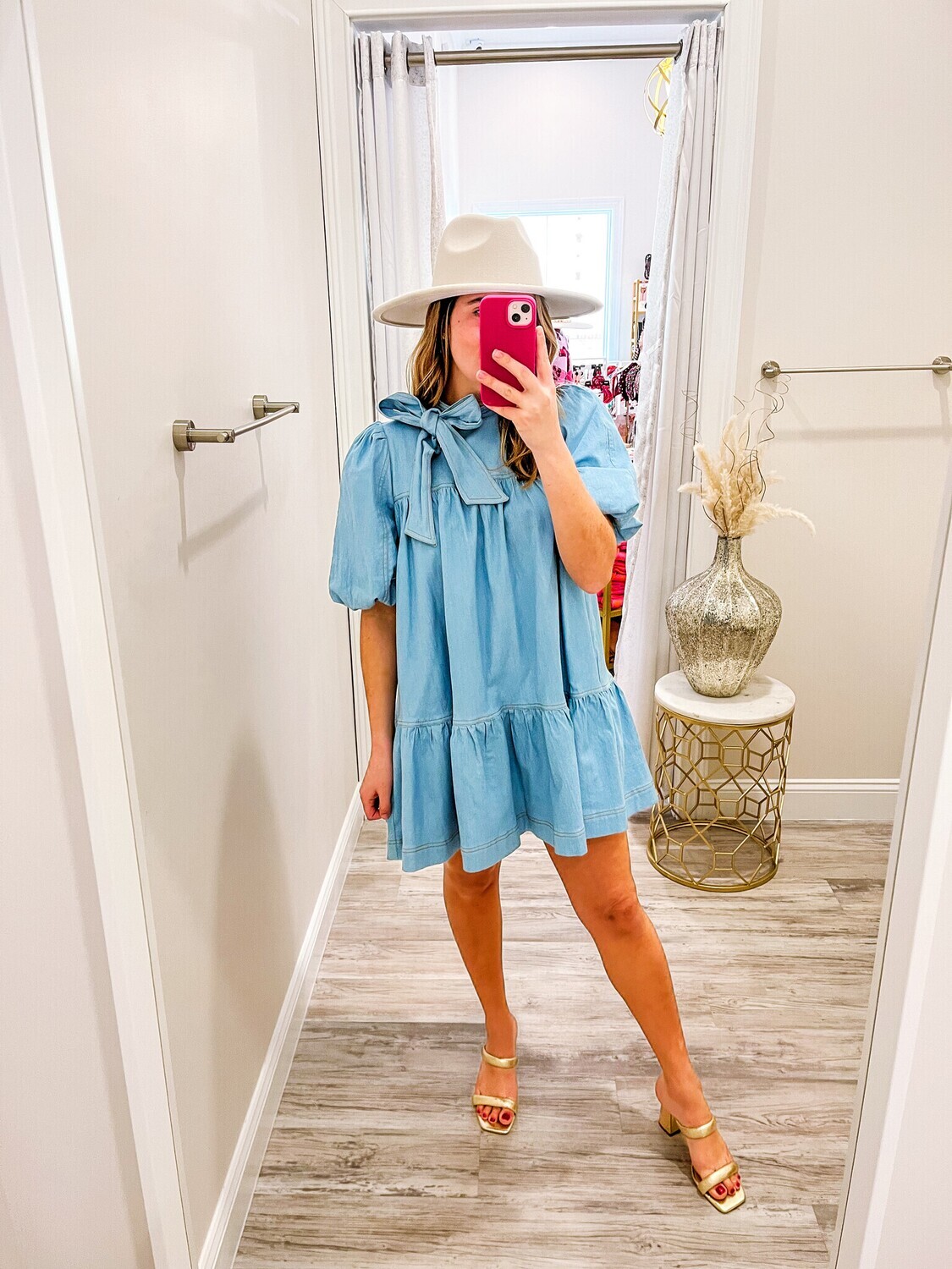 Puff Sleeves Mock Neck Denim Dress - Light Denim