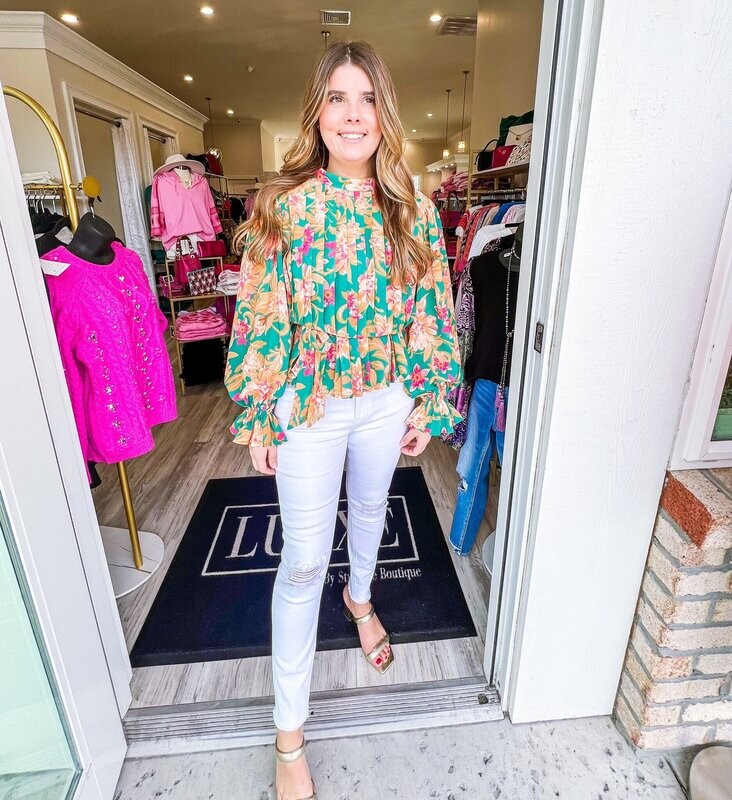Pleated Tie Waist Floral Top - Teal Green
