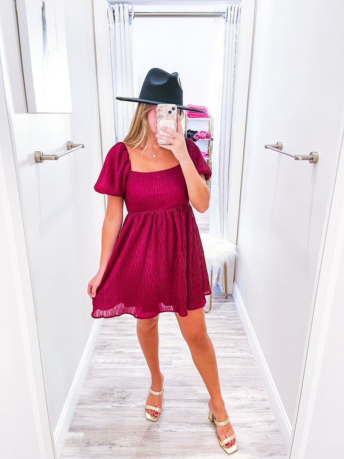 Textured Metallic Babydoll Dress - Magenta