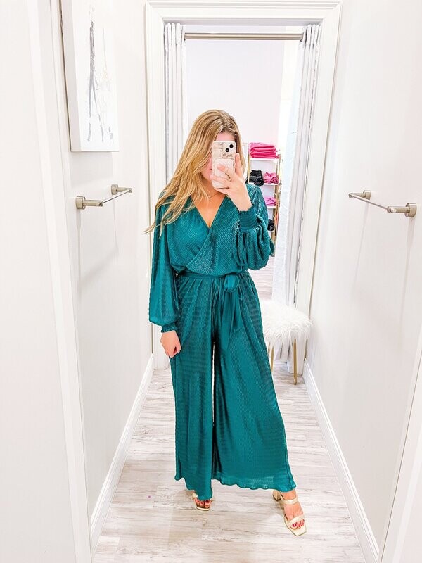 Textured Tie Waist Jumpsuit - Teal