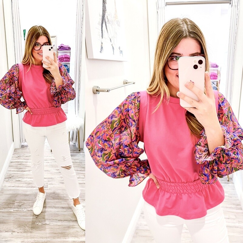 Floral Sleeves Smocked Waist Top - Fuchsia
