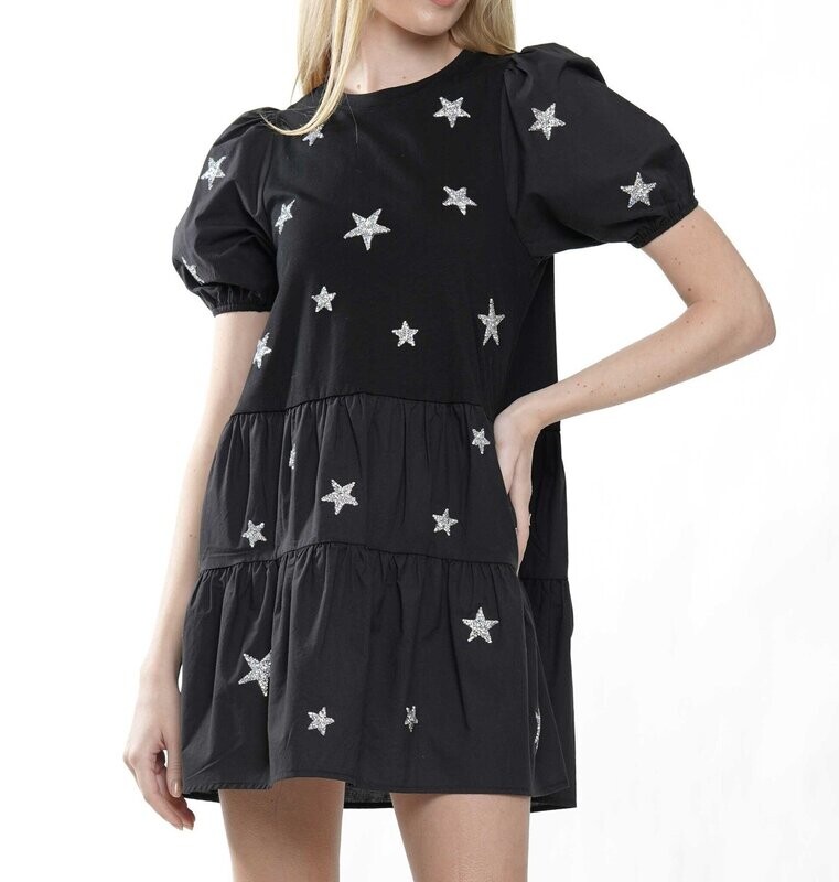 Blingy Stars Tiered Dress - Black