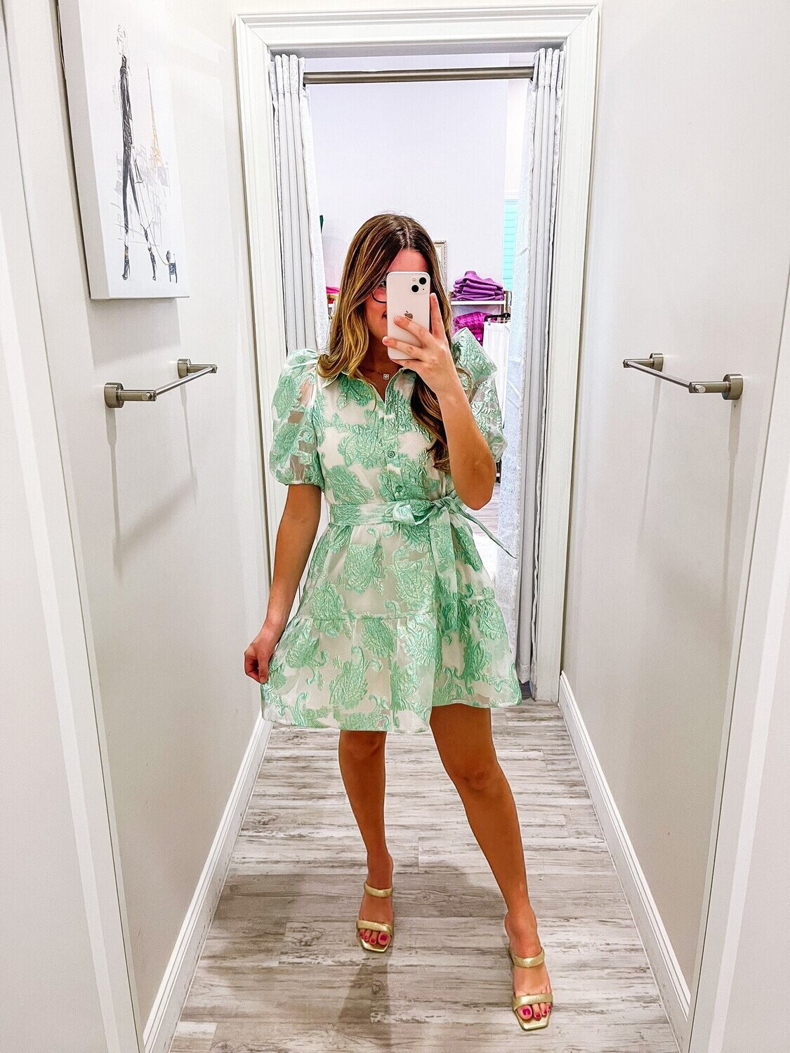 Puff Sleeves Jacquard Button Down Dress - Mint