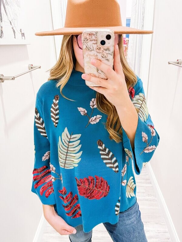 Sequin Embellished Leaves Sweater - Teal