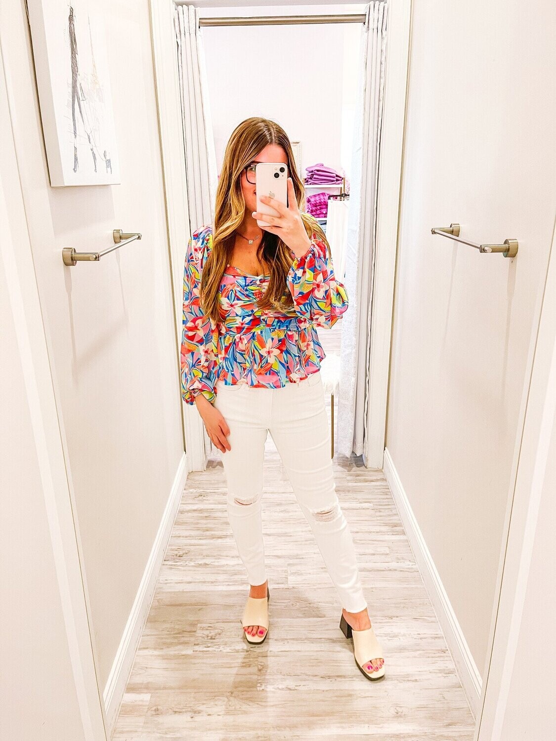 Ruched Front Floral Top - Blue