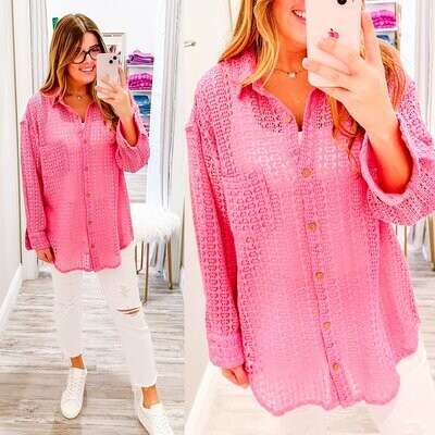 Crochet Button Down Shirt - Hot Pink