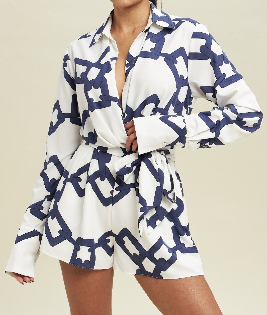 Chain Print Collared Romper - Blue