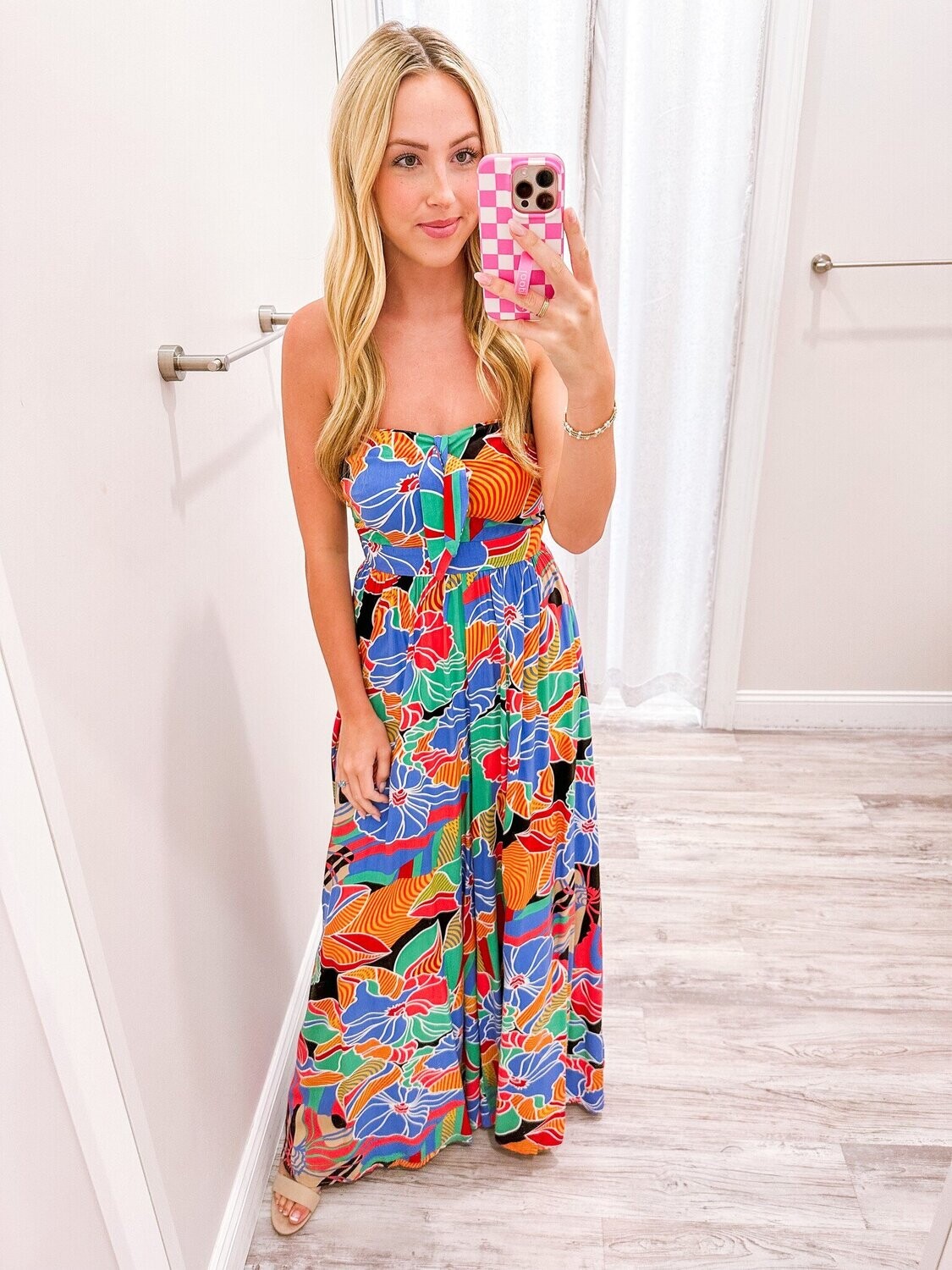 RA92406H Strapless Abstract Floral Jumpsuit - Blue