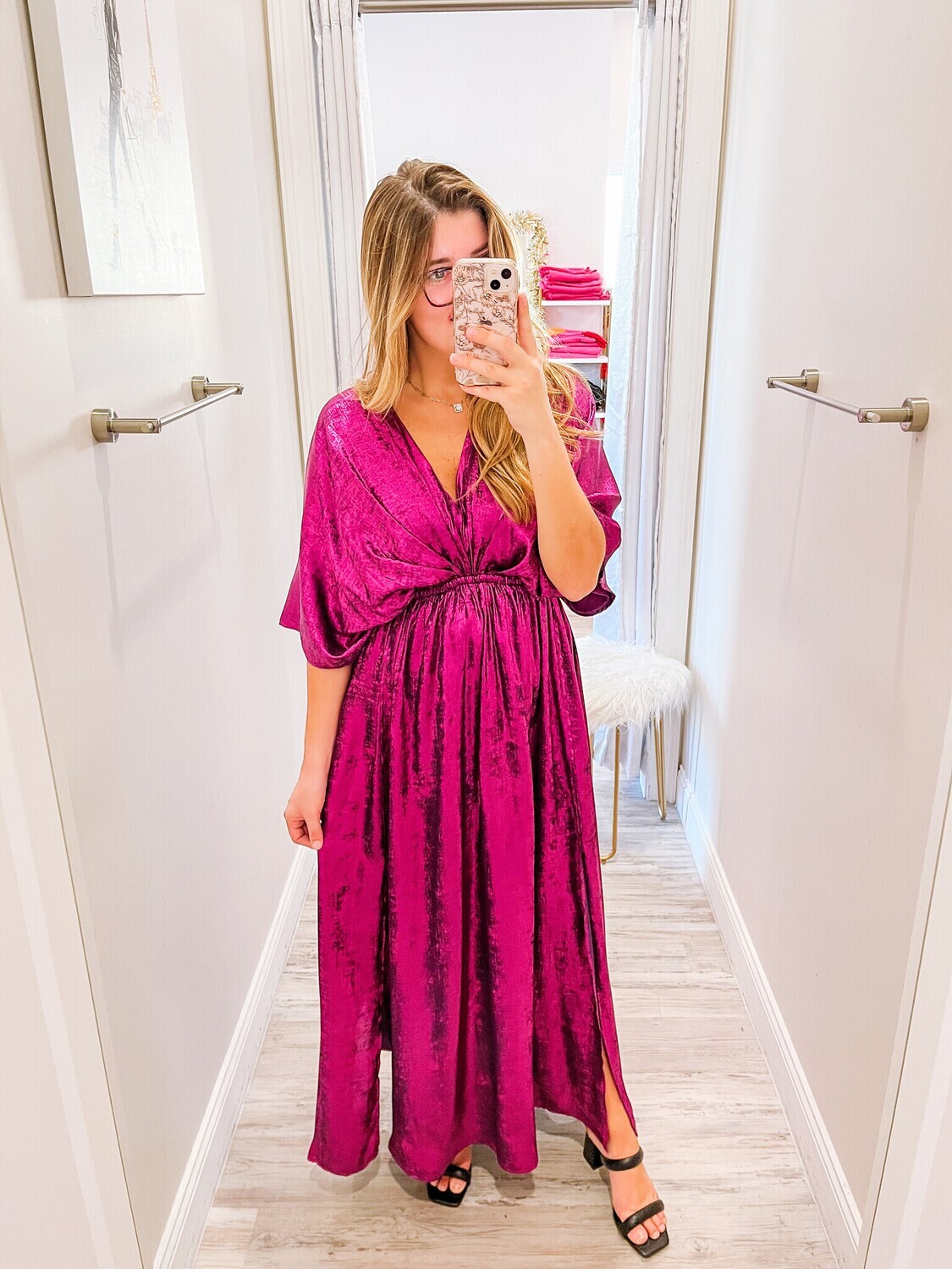 Metallic Kimono Maxi Dress - Magenta
