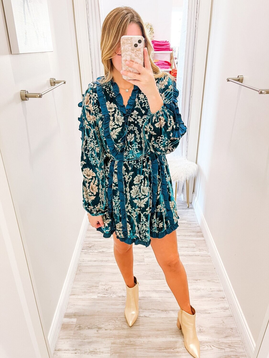 Ruffled Trim Burnout Velvet Dress - Teal