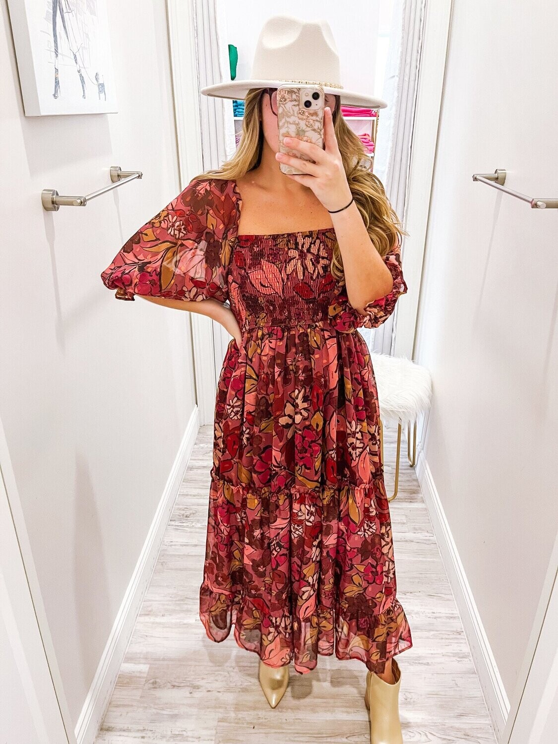 Lurex Floral Smocked Bodice Midi Dress - Wine