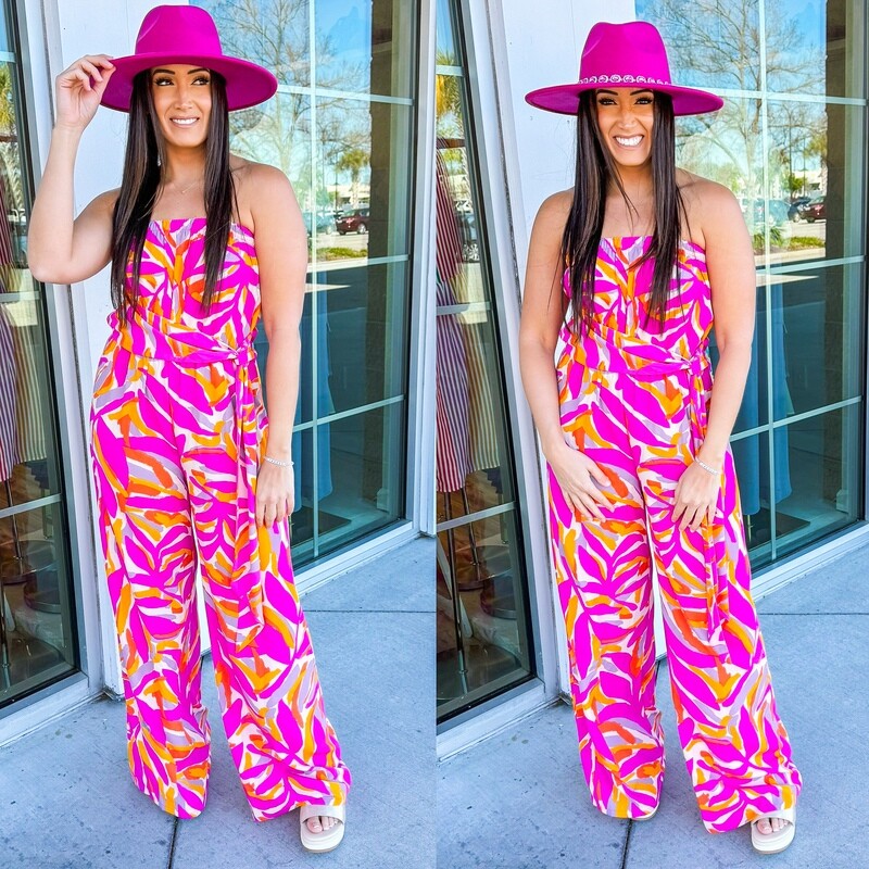 Tropical Leaf Strapless Jumpsuit - Fuchsia