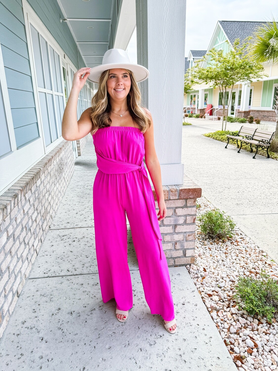 Strapless Draped Belt Jumpsuit - Fuchsia