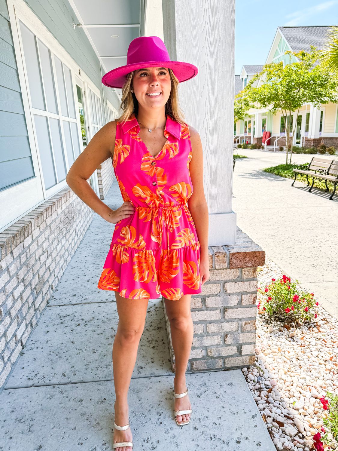 Tropical Button Up Romper - Orange