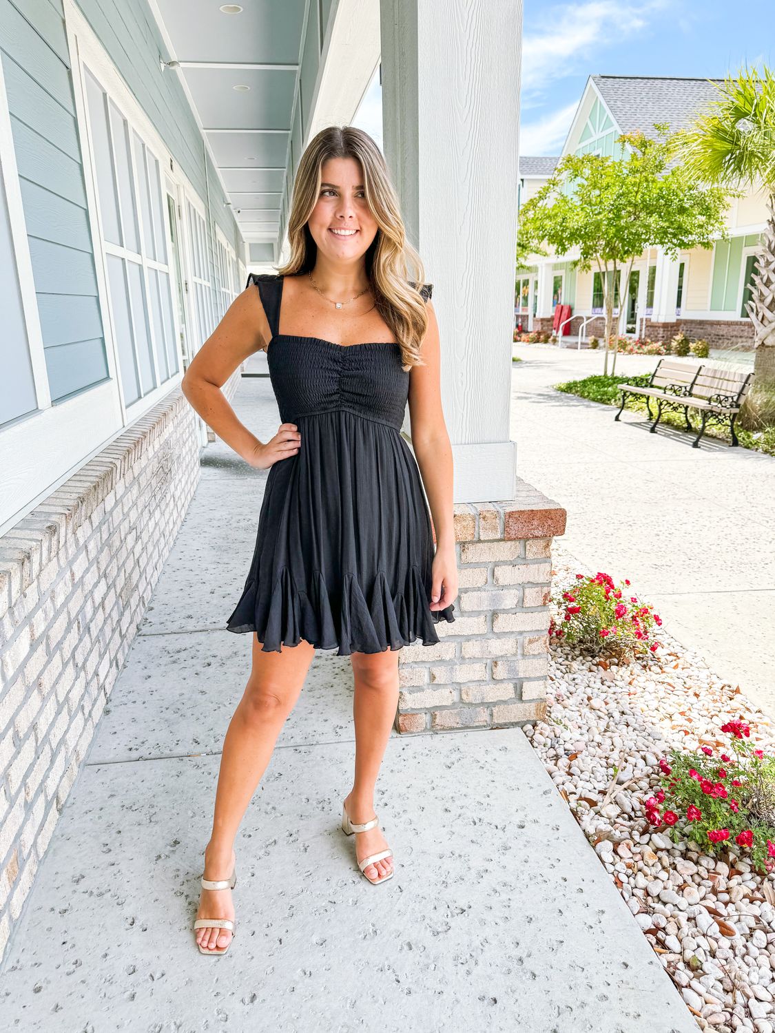 extra long flowy dress Flowy Skirt Smocked Bodice Midi Woven Dress main image 1