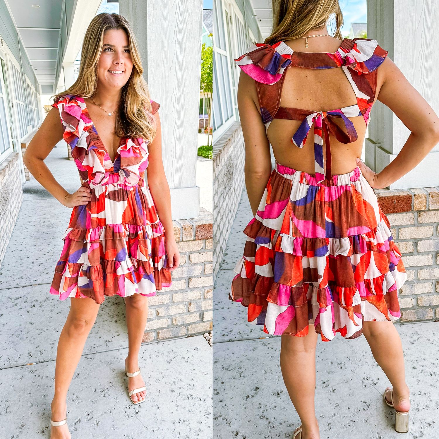Ruffle Detail Abstract Dress - Ivory