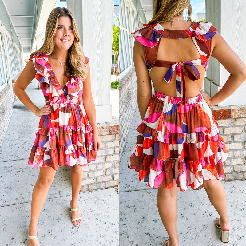 Ruffle Detail Abstract Dress - Ivory