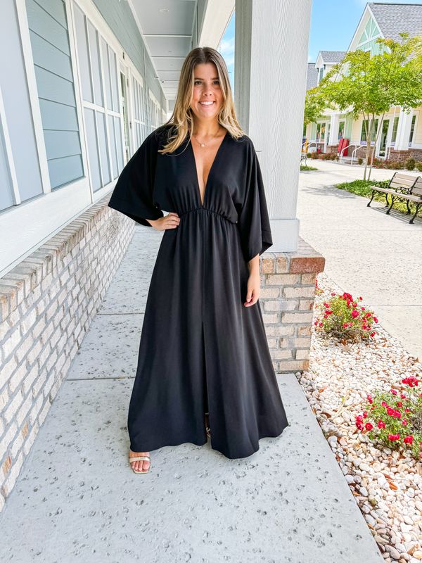Front Slit Kimono Maxi Dress - Black