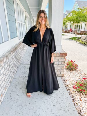 Front Slit Kimono Maxi Dress - Black