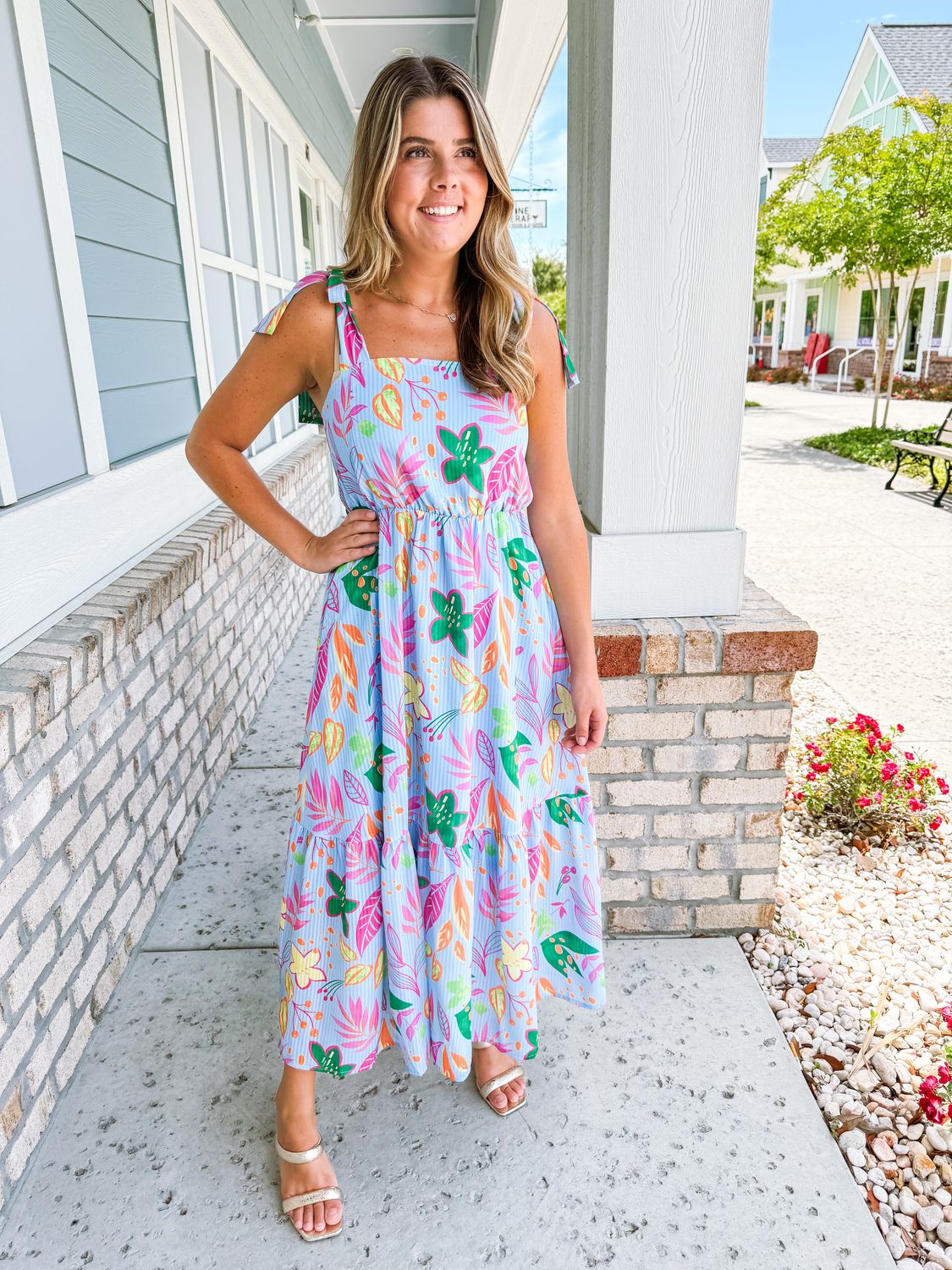 Tie Straps Floral Maxi Dress - Blue