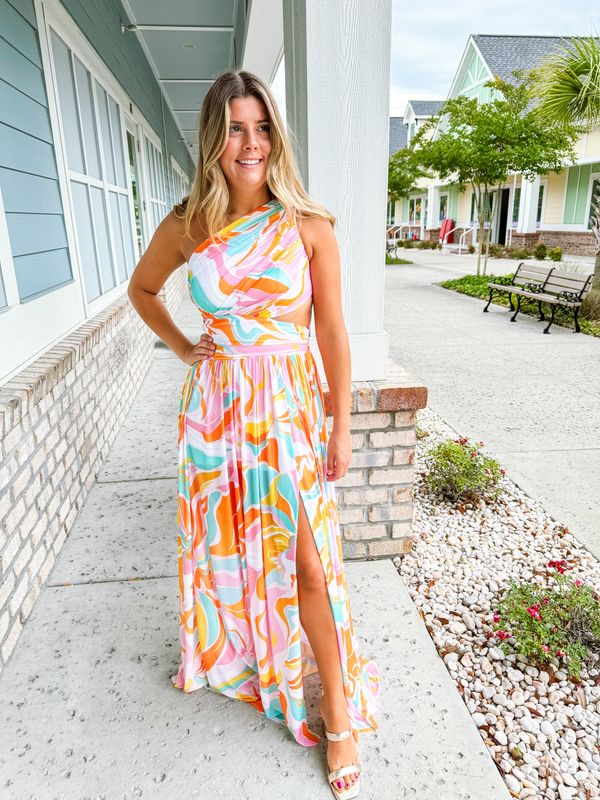 Cut Out Detail Abstract Maxi Dress - Multi