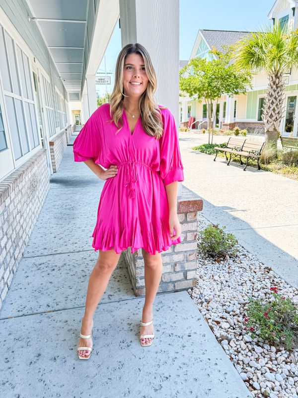 Tie Waist Flowy Dress - Hot Pink