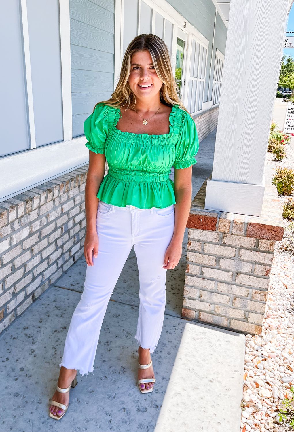 Square Neckline Babydoll Top - Green