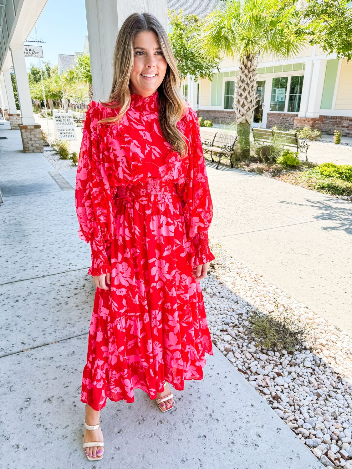 Ruffle Detail Mock Neck Floral Maxi Dress - Red/Pink