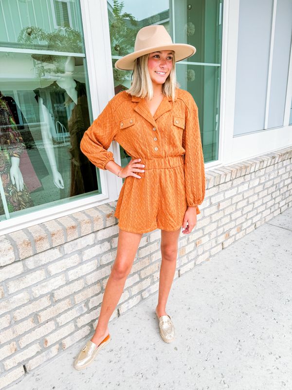 Textured Button Up Knit Romper - Camel