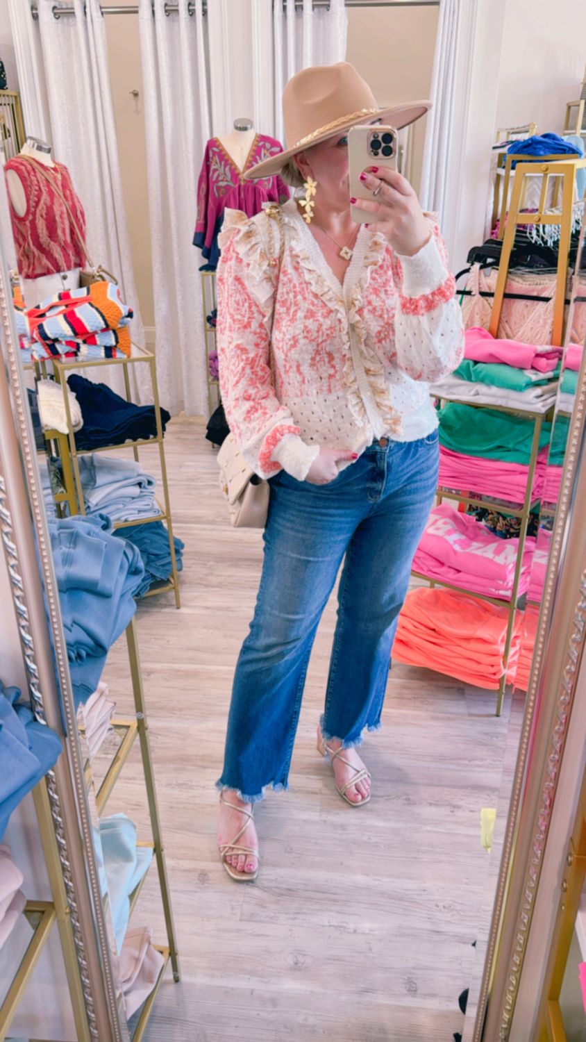 Ruffle Trim Cardigan Sweater - Ivory/Coral