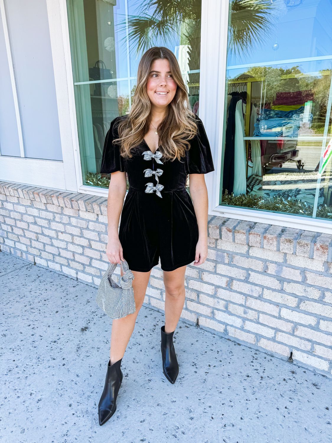 Jewel Bows Velvet Romper - Black