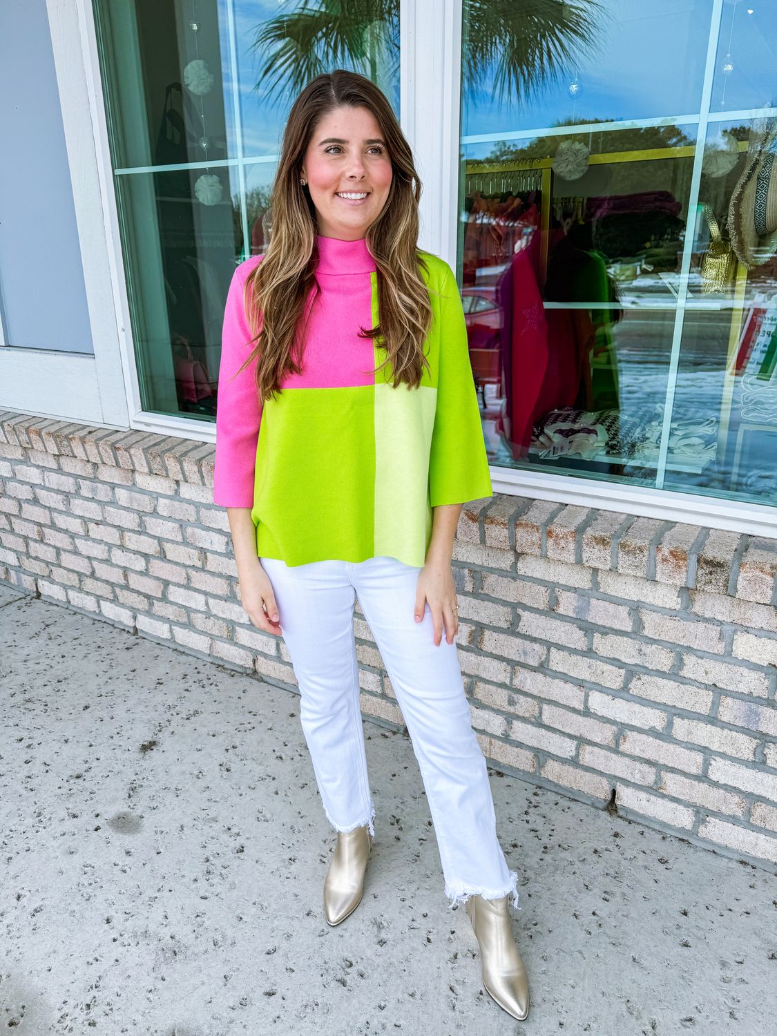 Color Block Mock Neck Sweater - Hot Pink