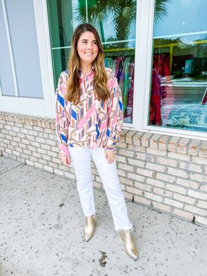 Chain Print Button Down Shirt - Pink