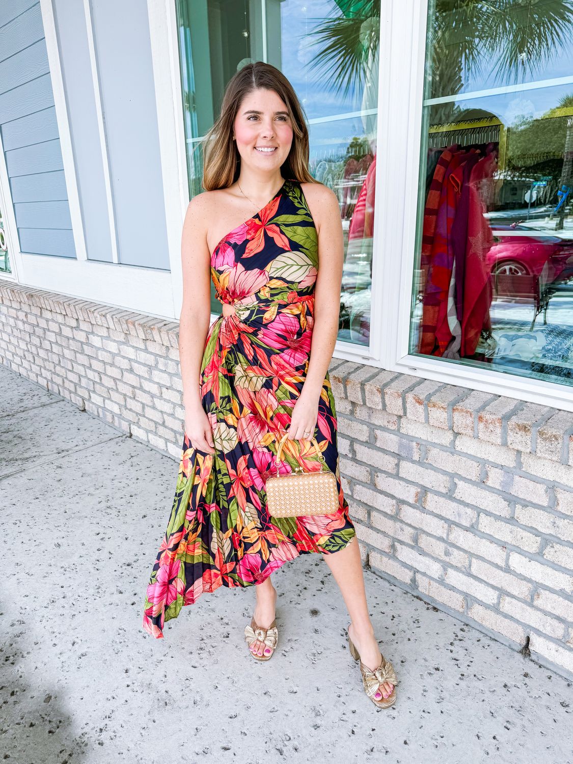 Cut Out Detail Pleated Floral Maxi Dress - Navy