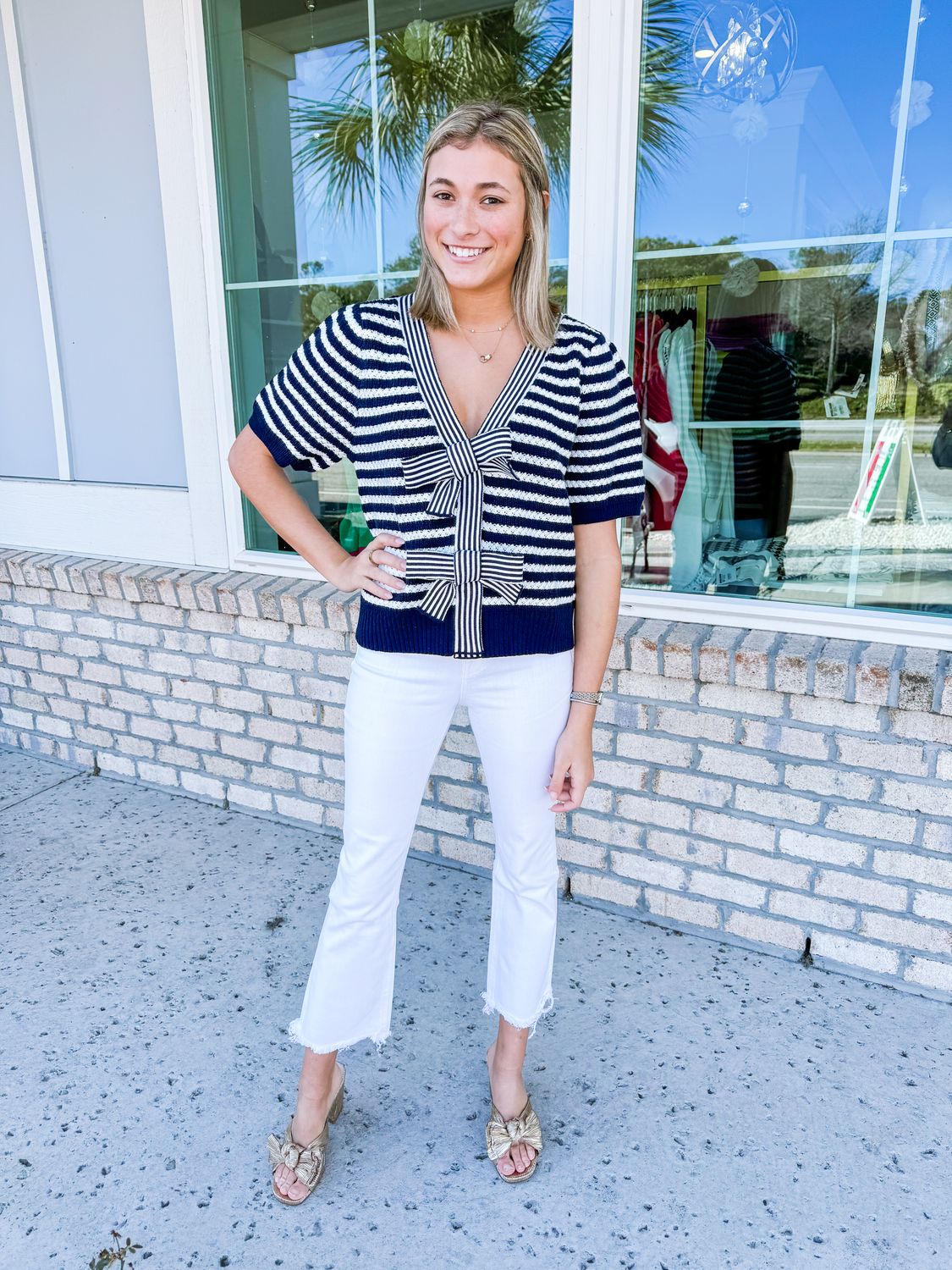 Bow Tie Striped Cardigan Top - Navy