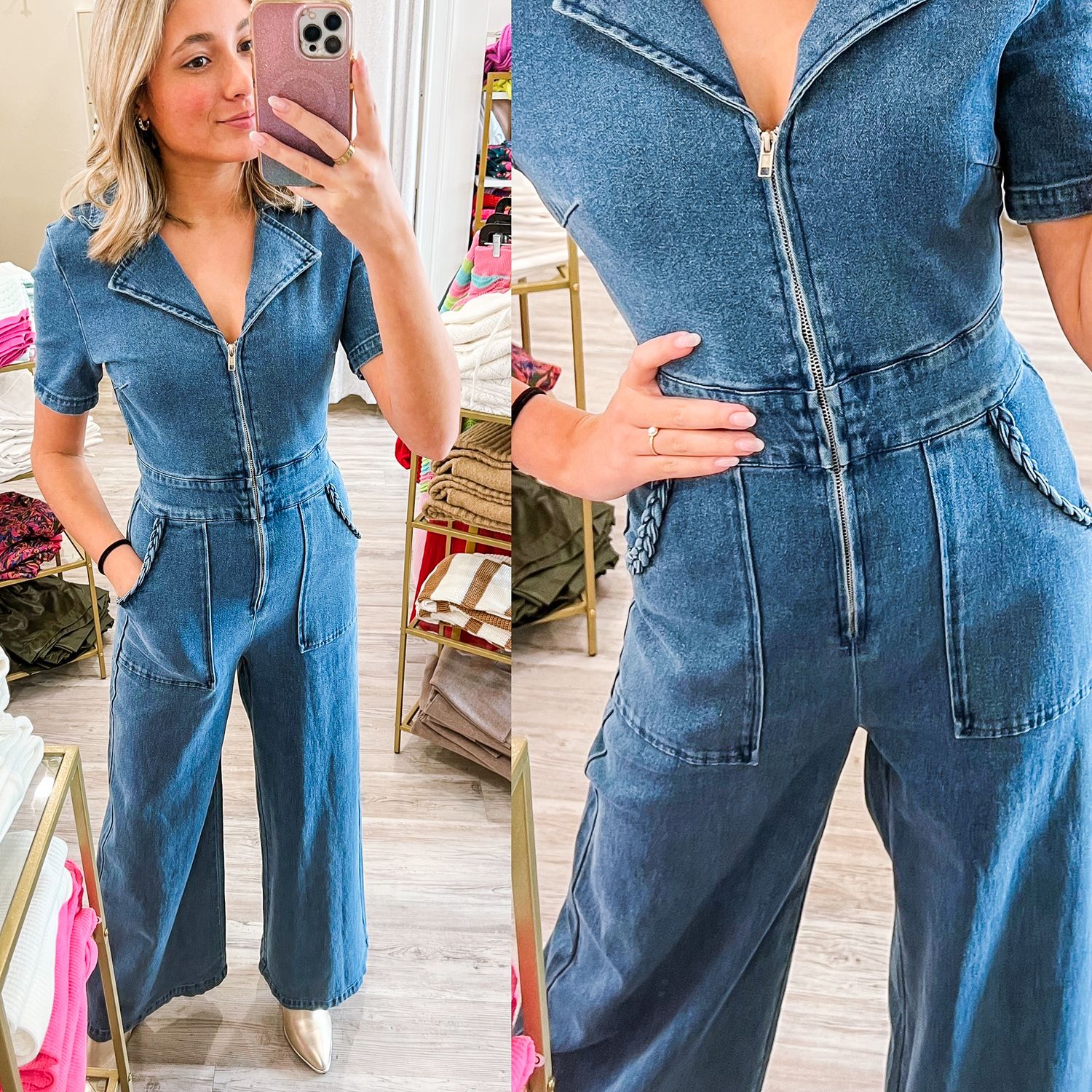 Braided Detail Zipper Denim Jumpsuit - Indigo