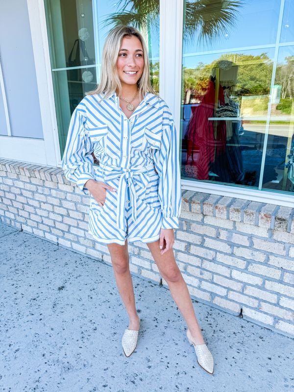 Tie Waist Striped Denim Romper - Blue